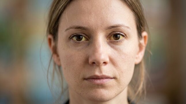 Close up face of a young woman yellow eyes showing symptoms of jaundice, liver cirrhosis, or hepatic disease.