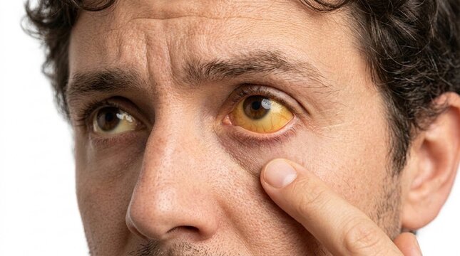 Close up of a man's  yellow eyes showing symptoms of jaundice, liver cirrhosis, or hepatic disease.