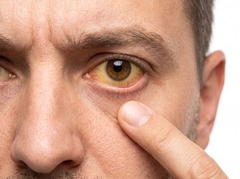 Close up of a man's eye to show yellowing of the eye, a symptom of jaundice, liver cirrhosis, or hepatitis.