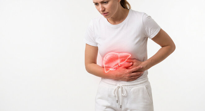 Young female patient suffering from liver pain with glowing red organ illustration for cirrhosis disease awareness and medical concept