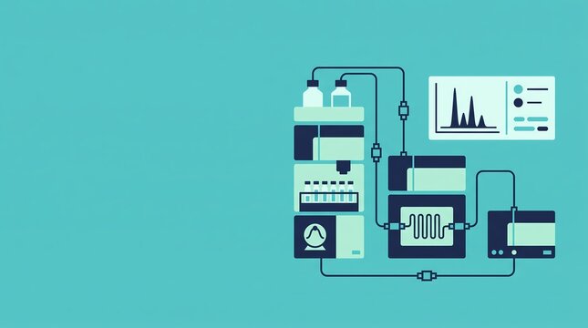 chromatography system, liquid chromatography lab equipment analyzing a chemical vial with digital chromatogram display. A flat design digital drawing illustration with large left copy space areas