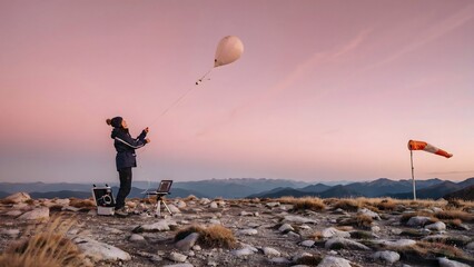 Obraz premium Person Flying a Hot Air Balloon at Sunset Near Mountain Landscape