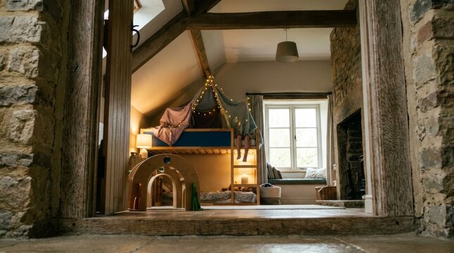 Stone doorway view of loft bunk bed with tent canopy and warm lighting
