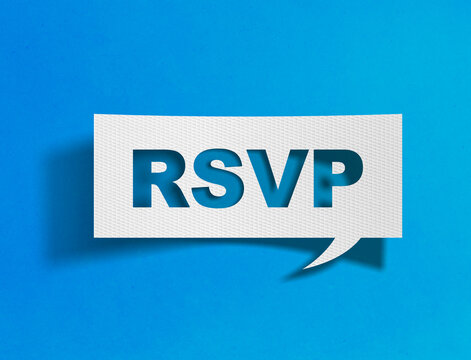 RSVP speech bubble on blue background with paper cutout design