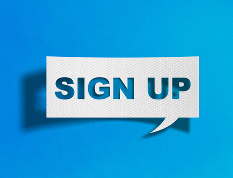 Sign up speech bubble on blue background with paper cutout design