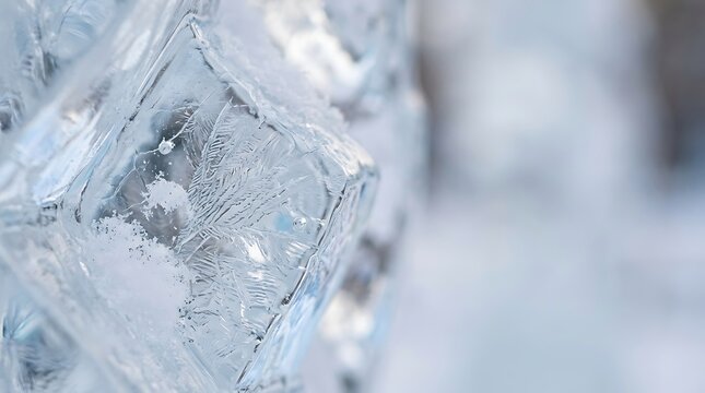 Close up of crystalline ice blocks with winter frost textures