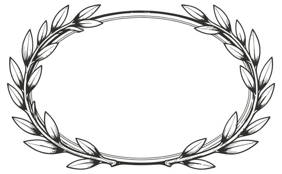 oval laurel wreath frame with leaves decorative botanical border design, hand drawn vintage