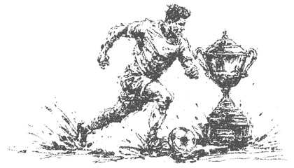 Fototapeta premium Soccer player sprinting fast with ball near large trophy cup on dynamic splash background