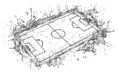 Obraz premium hand drawn soccer field sketch with dynamic splatter ink effect, sports illustration and artistic design