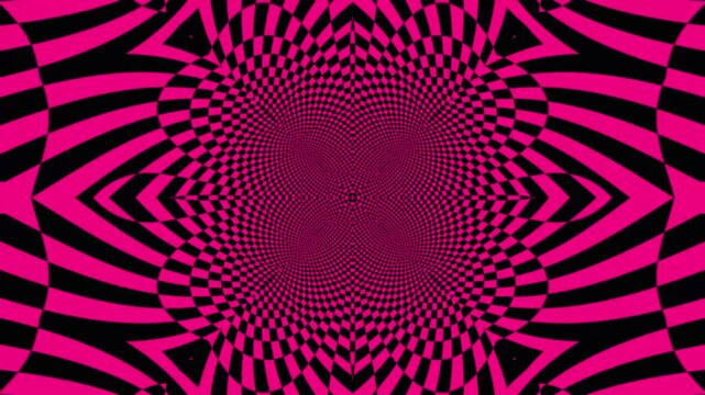 Abstract geometric patterns in motion with vibrant magenta and black optical illusions