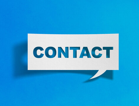 Contact word in speech bubble on blue background with paper cutout design