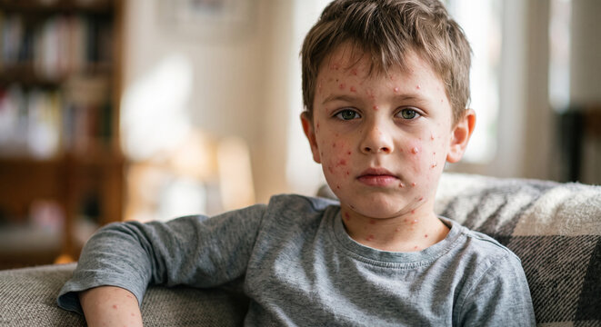 Symptoms of a male child suffering from a chickenpox infection.