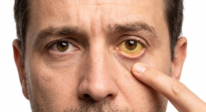 concept of a man's eyes comparing a healthy eye with a jaundiced yellow eye showing symptoms of liver disease and cirrhosis