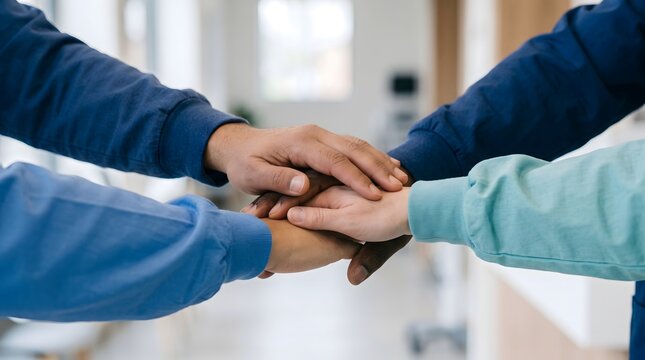 Medical professionals stacking hands together in a show of teamwork and unity inside a healthcare facility