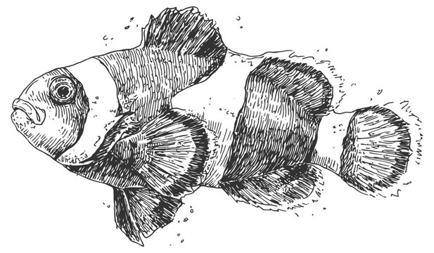 Detailed hand drawn clownfish illustration showing textured scales and fins in black and white