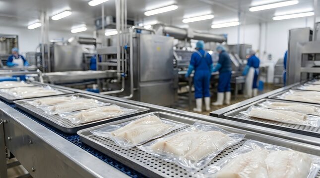 Fish processing plant food production line seafood packaging industry.
