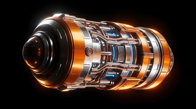 Futuristic mechanical engine component with gold and silver metal parts design.