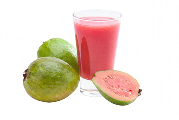 Fresh pink guava juice in a glass surrounded by whole and sliced guavas © Asif