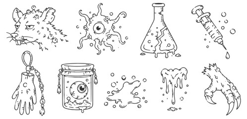Fototapeta premium hand drawn halloween spooky horror elements including mutant rat, eyeball jar, creepy monster and laboratory syringe
