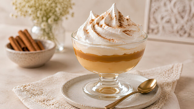 Traditional Suspiro Lime&ntilde;o served in a glass cup with dulce de leche cream, fluffy meringue and cinnamon in a warm rustic setting.