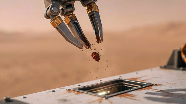 High-Resolution Mars Rover Arm Collecting Rock Sample in Desert Landscape