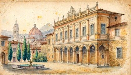 Obraz premium Italian Renaissance architecture background with antique watercolor