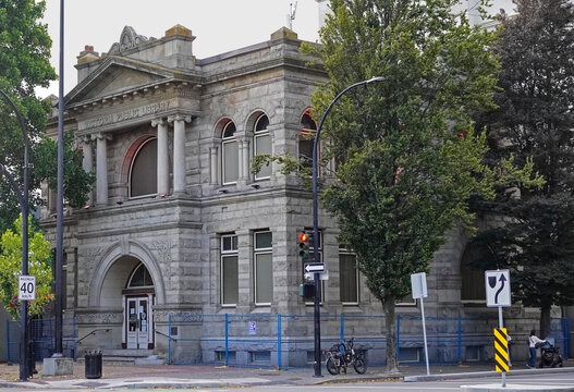 Victoria, British Columbia, Canada - July 23, 2026: Original Carnegie public library from 1904 at the corner of Yates and Blanshard in the city downtown is now the Indigenous Justice Centre.