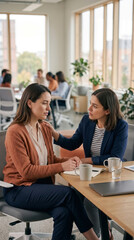 Fototapeta premium a corporate employee receiving emotional support from a caring colleague in a modern office, workplace mental health, Yellow September awareness, autocide prevention, and mental health care