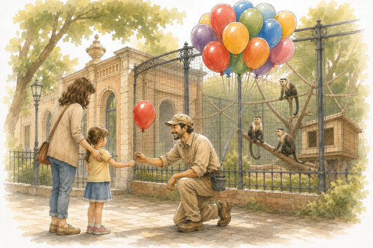 Ni&ntilde;a recibe un globo de un cuidador en un zool&oacute;gico, con monos detr&aacute;s en un d&iacute;a soleado