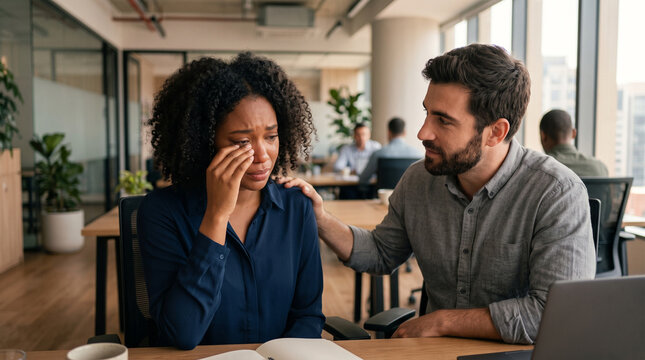 a corporate employee receiving emotional support from a caring colleague in a modern office, workplace mental health, Yellow September awareness, autocide prevention, and mental health care