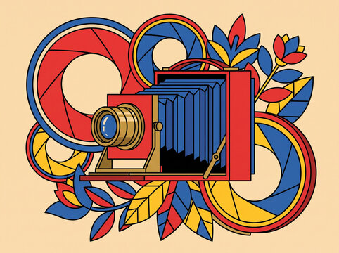 Vintage retro camera with abstract floral elements vector illustration-(Ilustrasi vektor kamera retro vintage dengan elemen bunga abstrak)