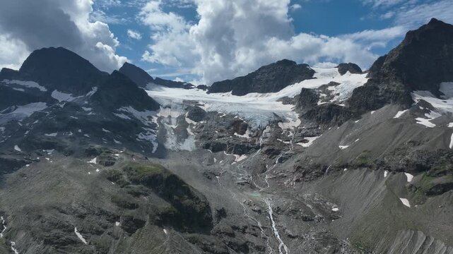 Aerial view of Montafon mountain peaks and glaciers in the Alps of Austria