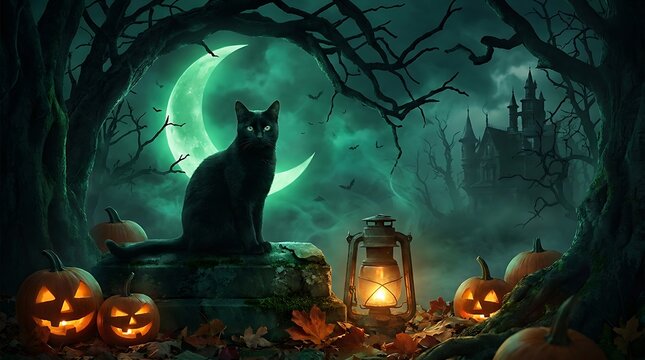 A mysterious black cat sits on a stone wall under a glowing moon near a spooky old castle