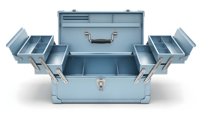 Light blue metal cantilever tool box open showing tiered trays storage.