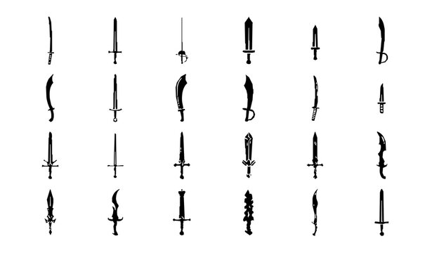 Black Sword Silhouette Vector Collection Featuring Katana Longsword Rapier and Fantasy Blade Icons