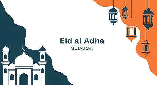 Eid al Adha Mubarak greeting with mosque and lanterns vector illustration