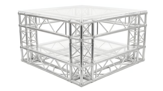 Modular square truss structure with transparent acrylic platforms.