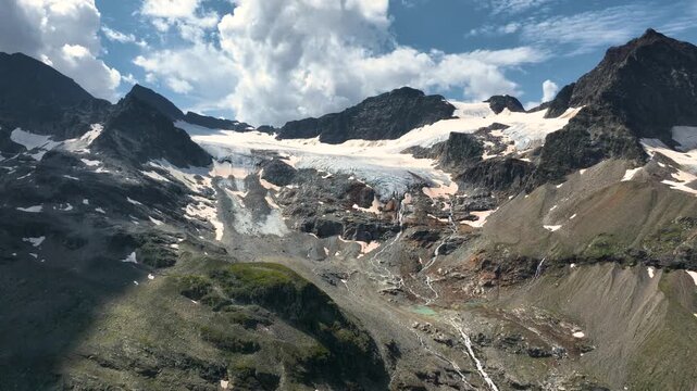 Aerial view of Montafon mountain peaks and glaciers in the Alps of Austria