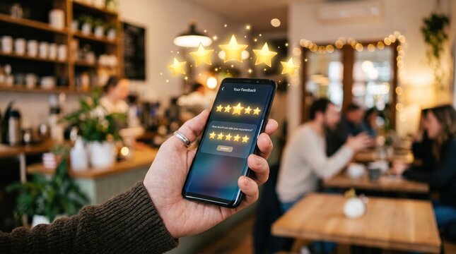 Hand holding smartphone displaying five star rating review on screen, customer satisfaction and feedback in cozy cafe, social media marketing and online reputation management.