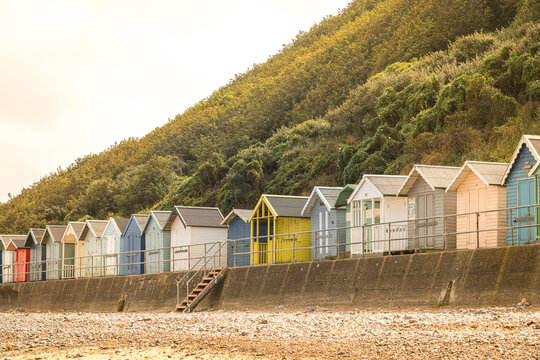 Colourful beach huts lining a shingle beach beneath a wooded coastal hillside