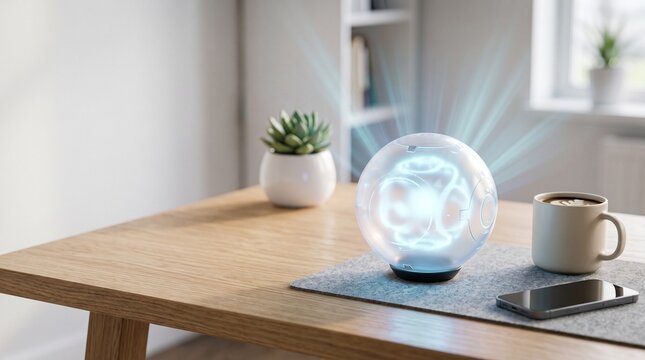 Futuristic Orb and Smart Device on Table: A glowing, futuristic orb emits light energy beams, sitting beside a smartphone and a coffee cup on a wooden table.