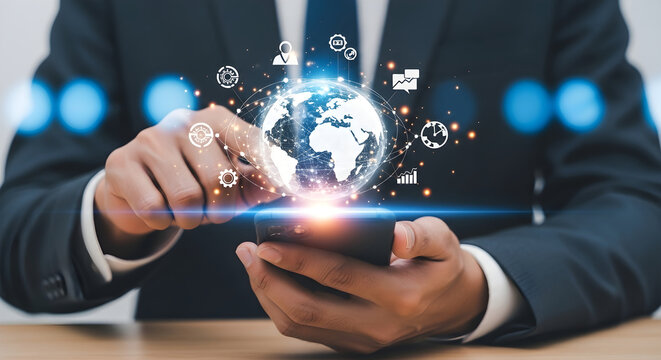Businessman interacting with a digital holographic globe and modern networking communication icons on a smartphone screen for global technology concept
