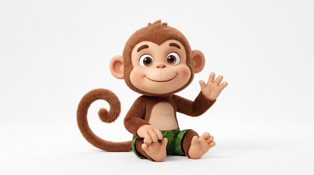 Cute Monkey Waving Hello: A charming 3D cartoon monkey with big eyes and a friendly smile sits, waving a hand in a gesture of greeting.