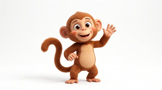 Cute Cartoon Monkey Waving Hello: An adorable 3D animated monkey with big, expressive eyes and a cheerful smile waves its hand, ready to engage with its audience. It stands in a friendly pose.