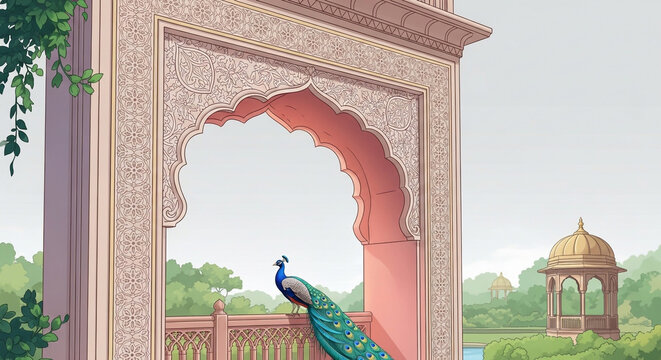 Illustration of a peacock perched on an ornate stone archway balcony overlooking a royal garden with domes.