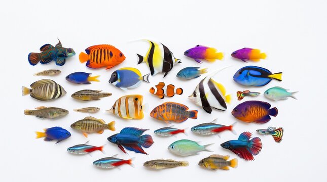 Vibrant Aquatic Ensemble: A diverse collection of colorful and exotic fish, from angelfish to clownfish and bettas, are artfully arranged in a dazzling display of underwater beauty.