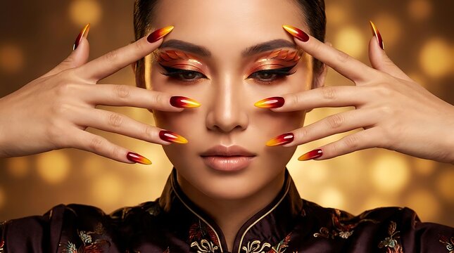Close up portrait of woman with fire inspired makeup and long pointy nails