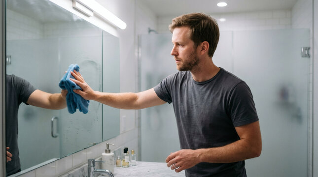 Man cleaning a bathroom mirror with a blue cloth