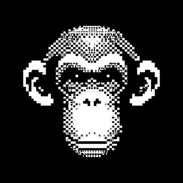 Pixel Art Monkey Head Icon in Black and White
