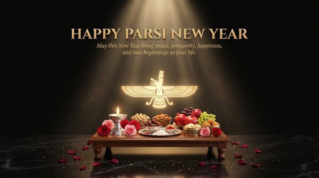 Happy parsi new year greeting card featuring a glowing faravahar symbol, a wooden table with offerings of fruits, nuts, and flowers, set against a dark background, with a spotlight effect
